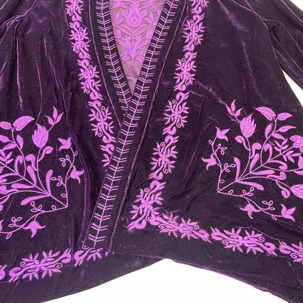 Paparazzi Purple Velvet Embroidered Open Front Cardigan Jacket M Boho - Picture 11 of 16